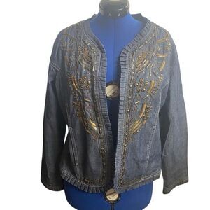 HANNAH Embellished Beaded Denim Jacket Ruffle Trim Size Medium Blue SEE DESCRIPT